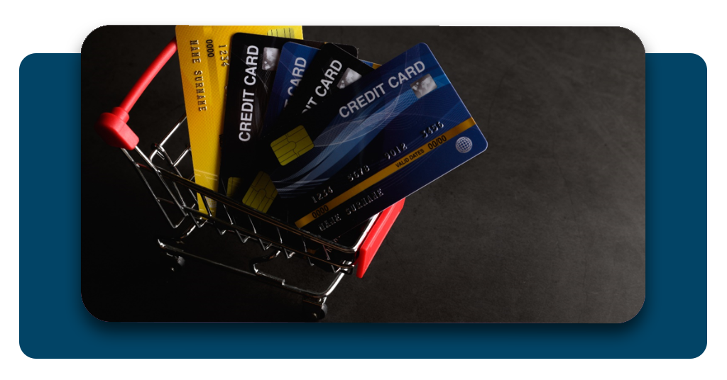 Credit card placed in shopping cart to pay for products