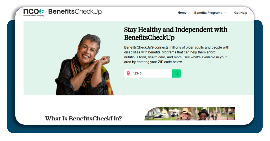 Step 1 entering ZIP code in BenefitsCheckUp tool to find local assistance programs