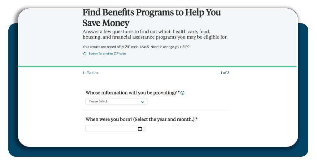 Step 2 answering income questions in BenefitsCheckUp eligibility checker