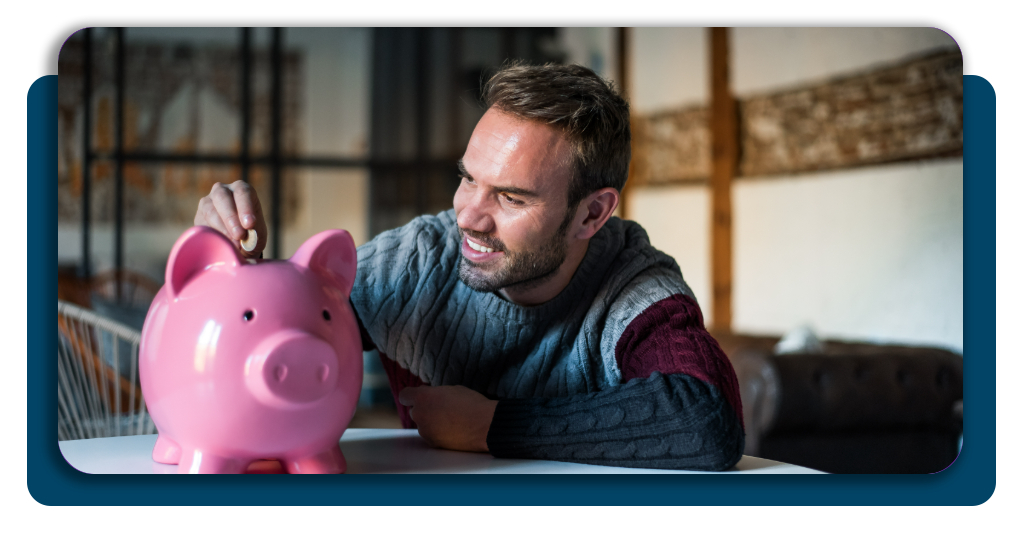 A happy person in a wheelchair holding a piggy bank with a Medicaid Safe sticker